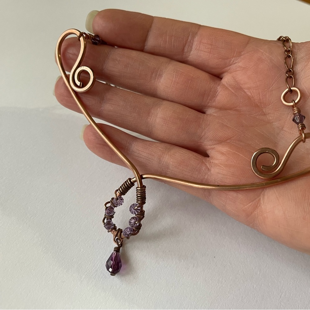 Copper Scroll Necklace Beaded Plum and Lilac Crystals Elegant Rustic‎ Handmade - Picture 12 of 14